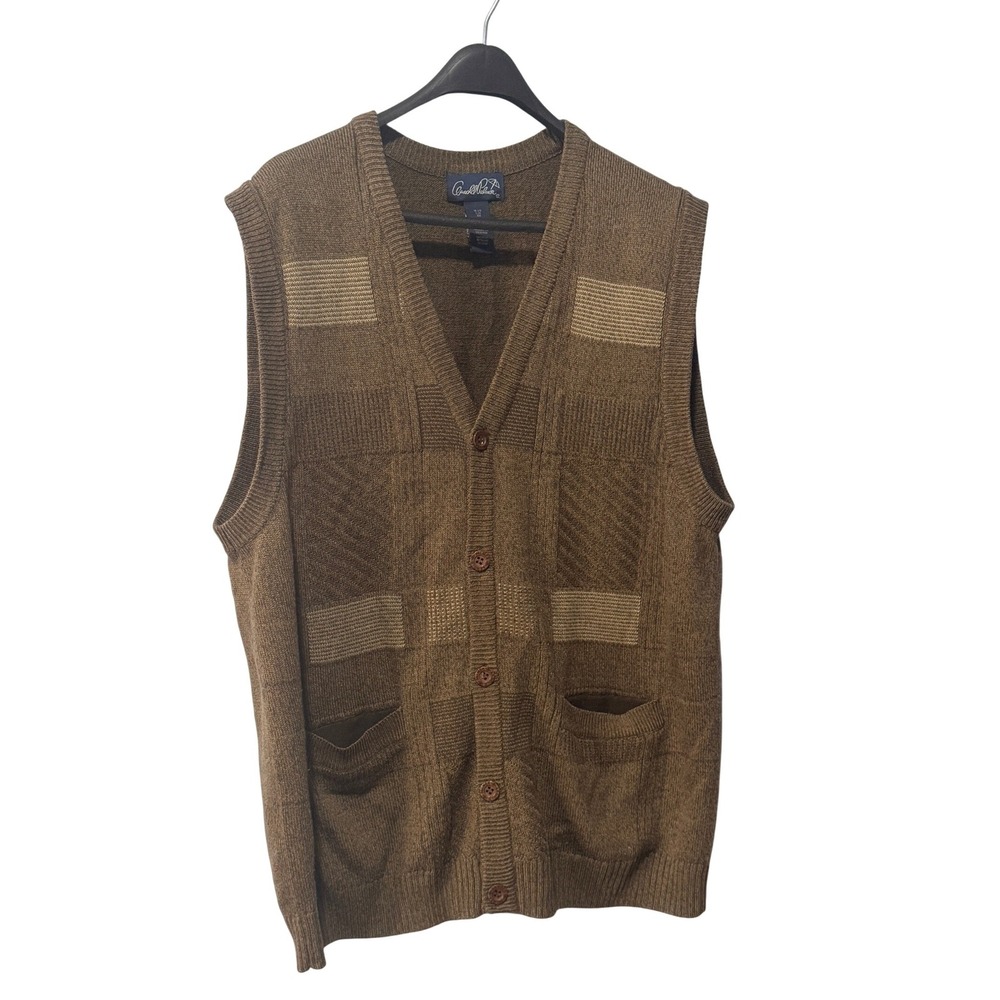 Arnold Palmer Mens Brown Geometric Knit Button Front Sweater Vest Size Large L